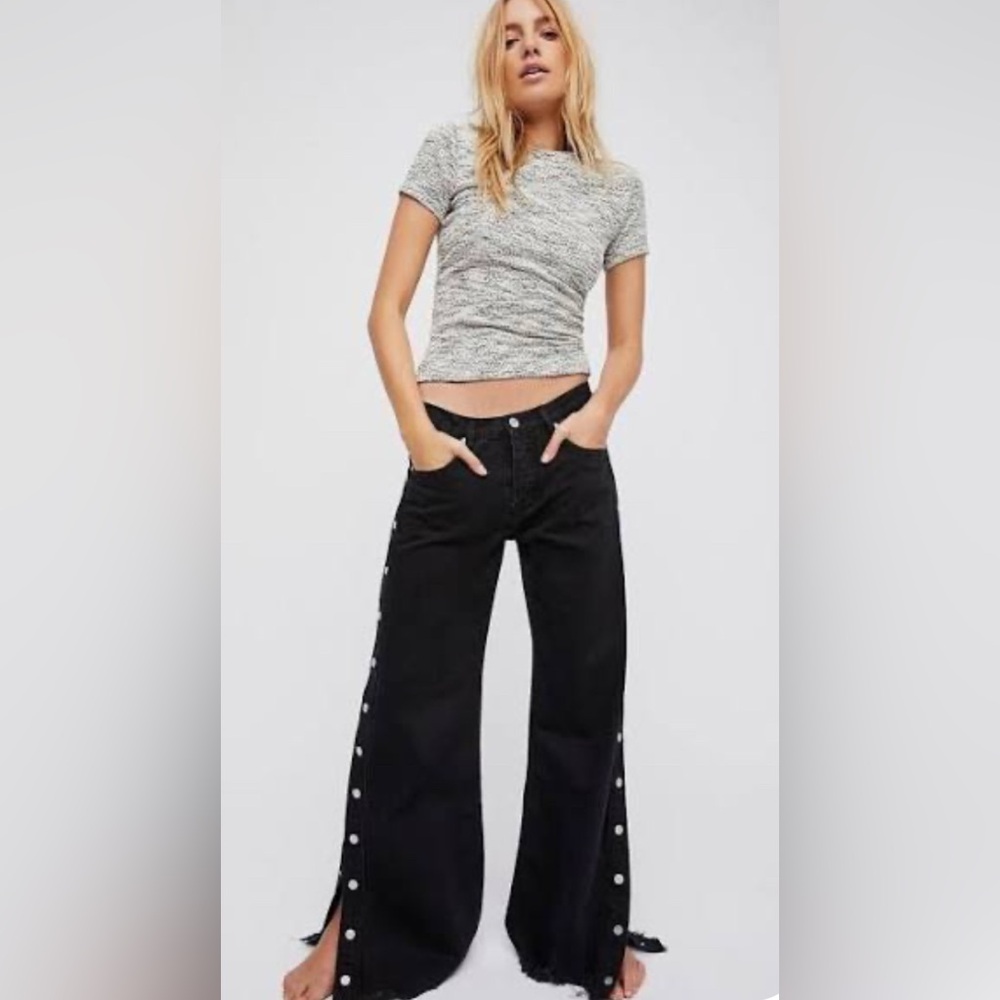Free People Black Wide Leg Jeans with Button Accents